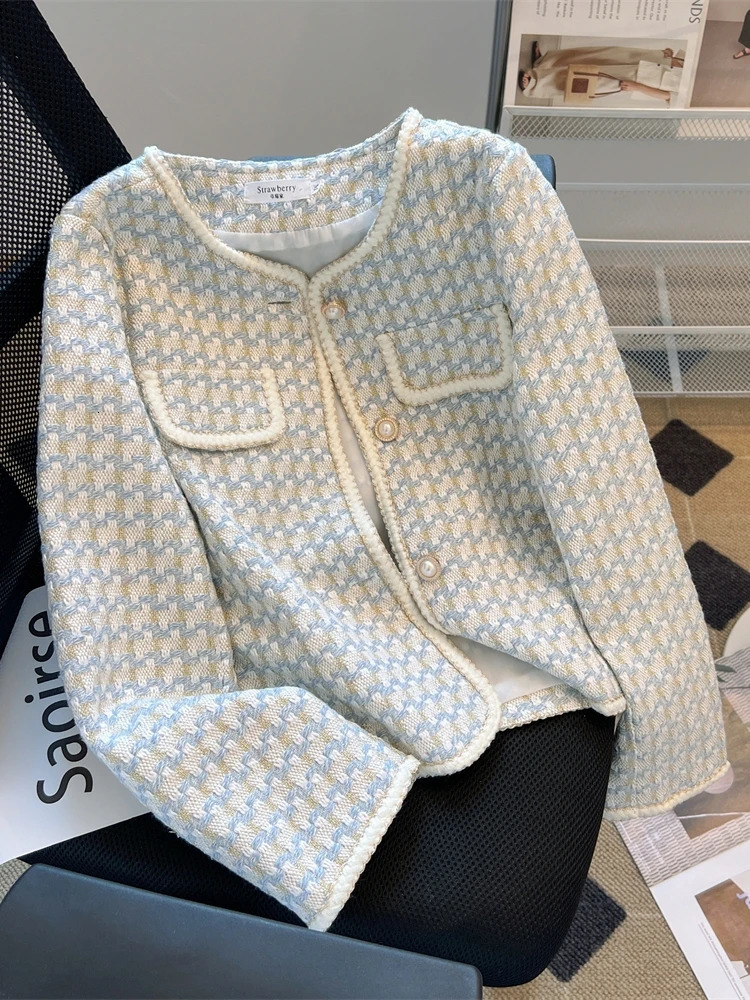 Autumn Korean Fashion Plaid Tweed Short Jacket Womens Chic Pearls Buttons Long Sleeve Single Breasted Weave Coat Top Outwear 240809