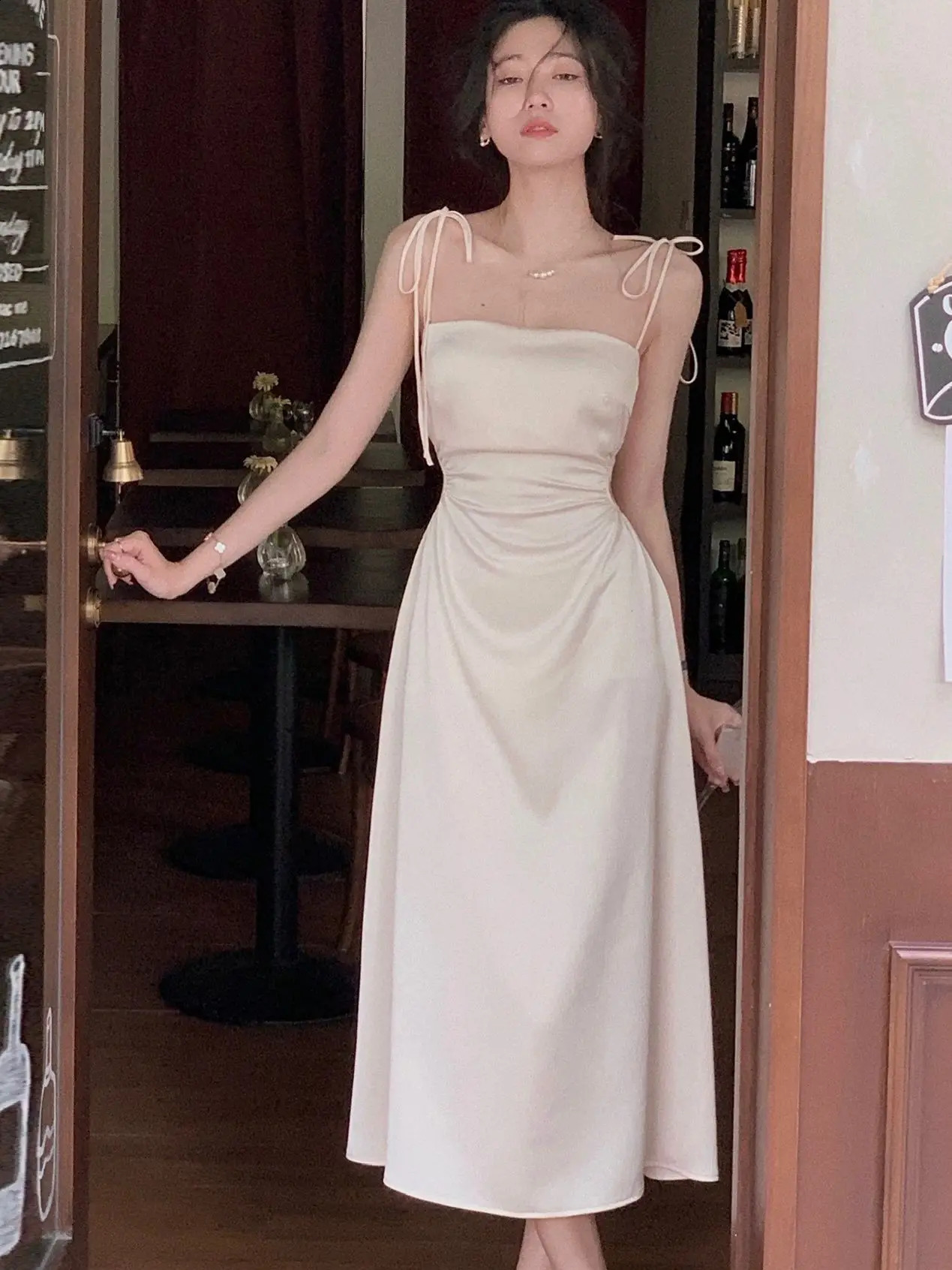 Summer Women Spaghetti Strap Elegant Midi Satin Dresses Wedding Evening Birthday Holiday Backless Prom Clothes 240809