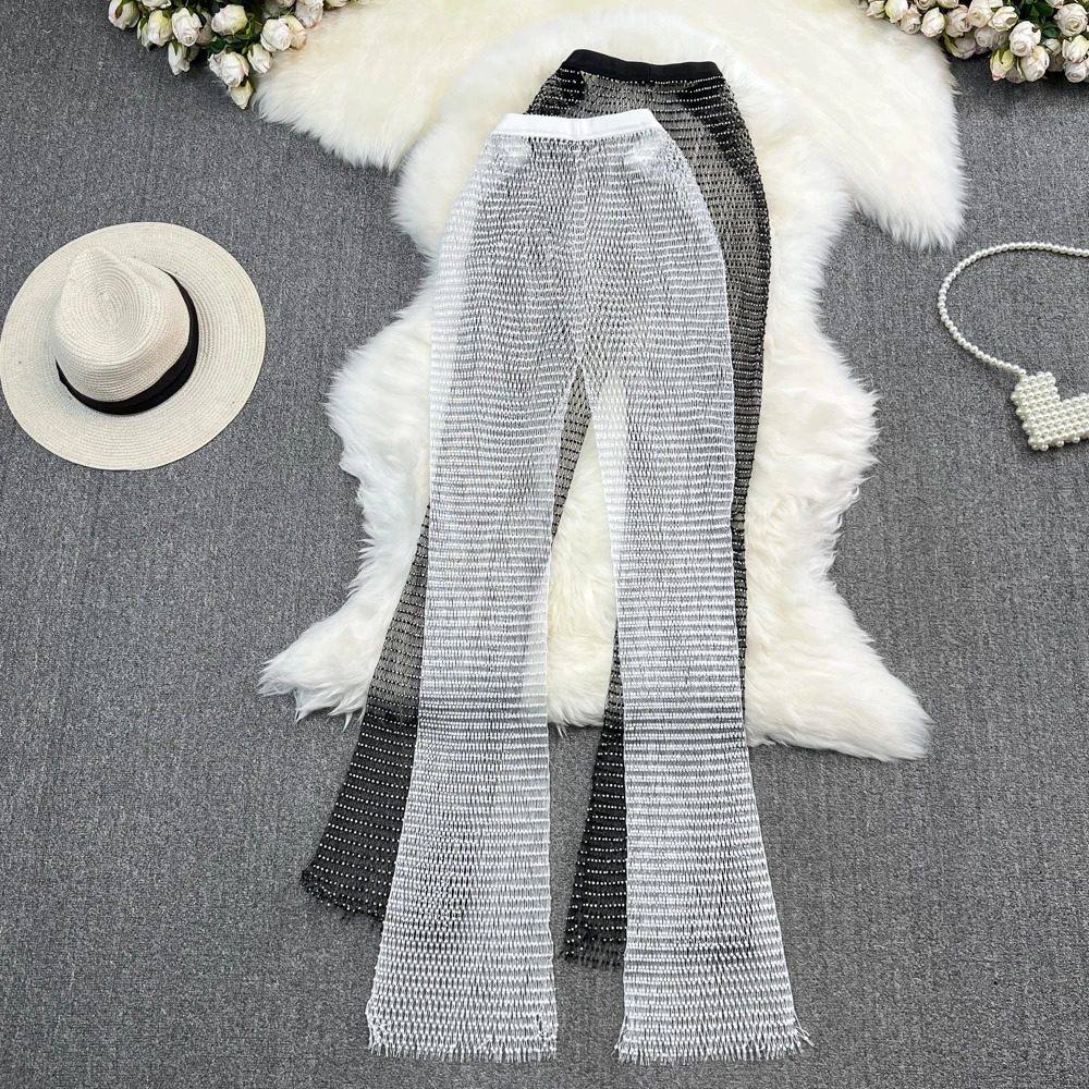 y2k Long Pants Women Diamond Trousers Womens Hollowed Out High Waist Chic Pantalones De Mujer Summer Fashion Drop 240809