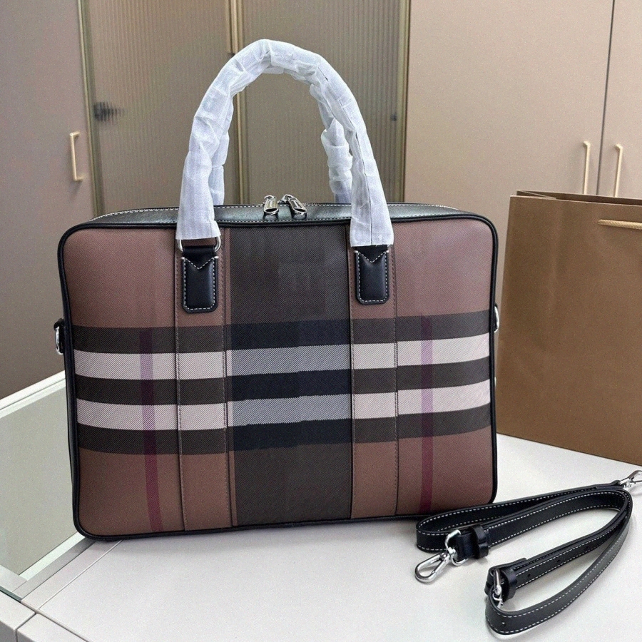Luxury Laptop Bags Plaid leather bag Detachable shoulder strap Large capacity single shoulder crossbody bag Men's black-image-775901000
