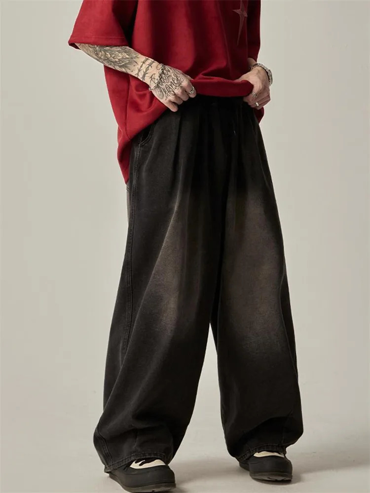 Fashion Jeans Mens Clothing Solid Color Wash Wide Leg Pants Elastic Waist Drawstring Pocket To Make Old Loose Trousers A053 240809