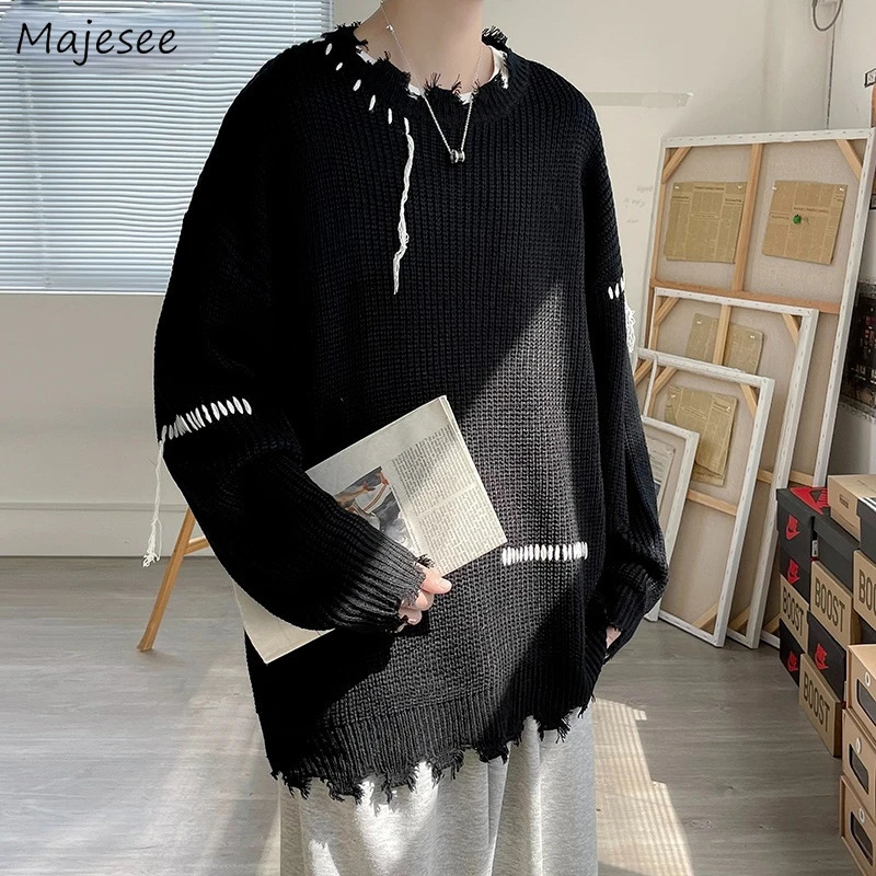 Pulleys Mens Wrinkle Trendy Irregular Sweater Autumn Street Neutral Loose Knitted Printed Casual Money Bag Harajuku Fashion240808