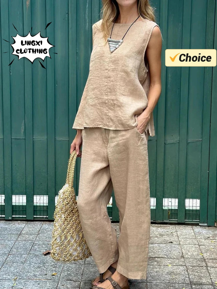 2024 Summer Fashion Cotton Linen Womens Matching Series Loose Round Neck Sleeveless Top Wide Leg Pants Two Piece Set 240808