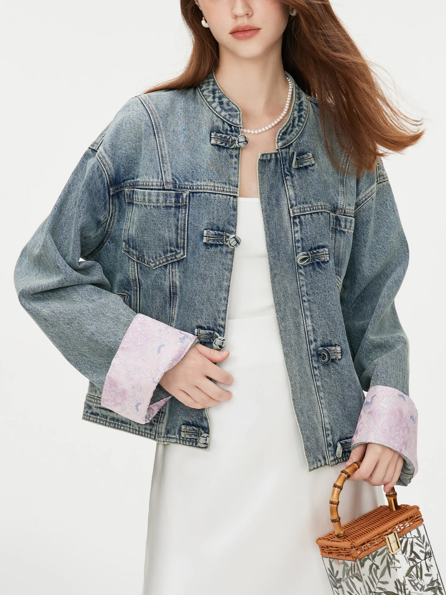 FSLE Chinese Style Satin Stitching Retro Denim Jacket Versatile Casual Womens Autumn Wear Jacket 24FS13013 240809