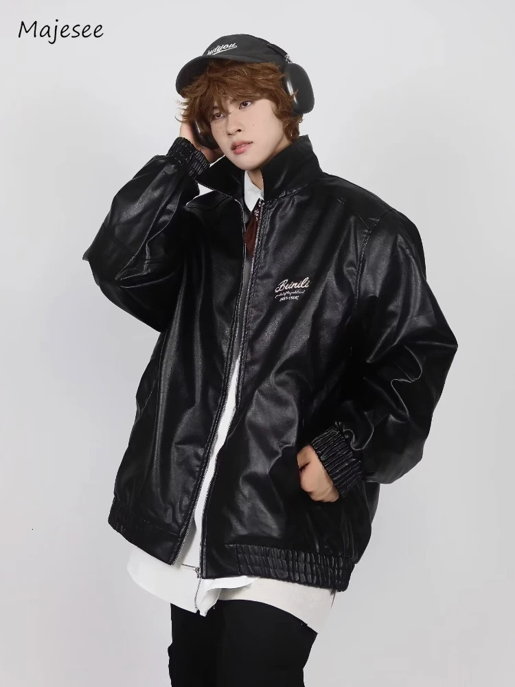 Pu Leather Jacket Mens American Chic Autumn Full Match Handsome Street Simple Fashion Long Sleeve Harajuku Coat240808