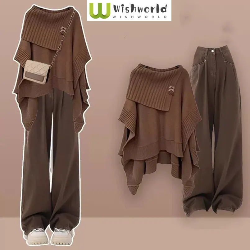 Autumn and Winter Womens Clothing Set Korean Fashion Cloak Knitted Sweater Casual Edition Wide Leg Pants Two Piece 240808