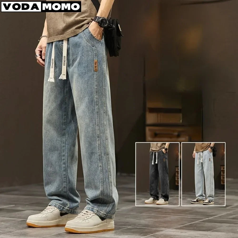 Elastic loose straight jeans mens wide legged denim pants casual trousers Korean style Sportswear clothing jeans men pants 240809