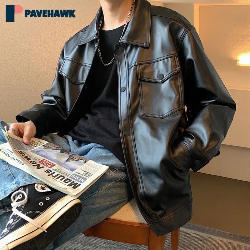 Motorcycle leather jacket mens spring and autumn retro loose solid color PU lapel jacket Korean fashion cool jacket240808