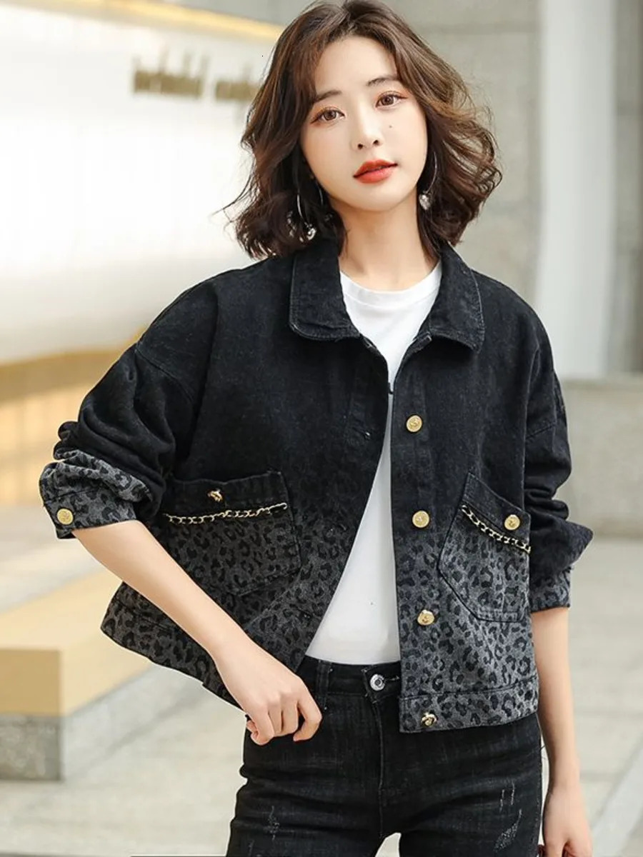 Black Gradient Leopard Denim Jacket Womens Spring Fashion Cropped Coat Top Retro Women Clothing Oversized Jacket 240809