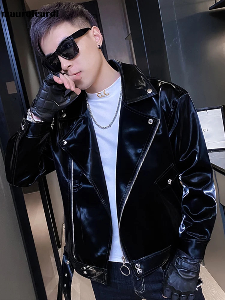 Mauroicardi Spring Autumn Cool Black Shining Reflective Patent Pu Leather Bicycle Jacket Mens Belt Zipper Plus Size European Fashion240808