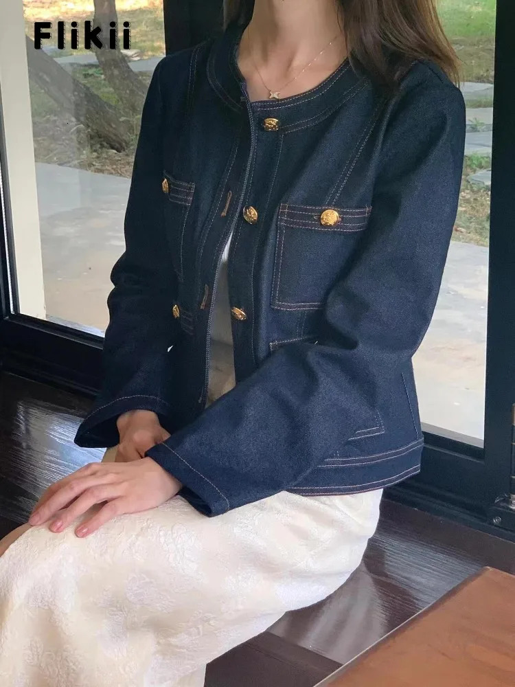 Summer Korean Womens Fashion Single Breasted Loose Y2K Coat Casual Baggy Retro Solid Color Round Neck Denim Jacket 240809