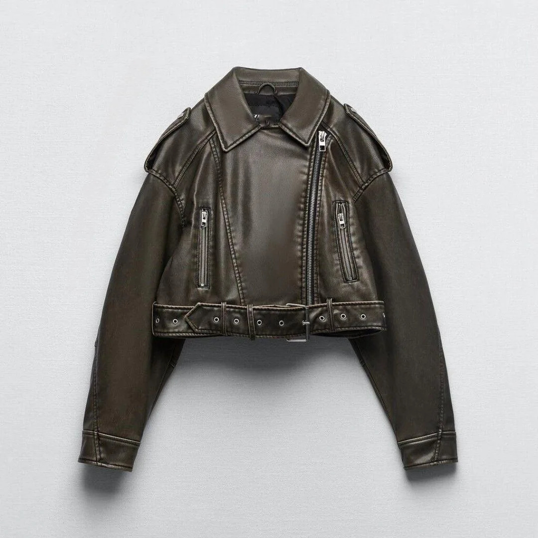 Womens black artificial PU leather jacket casual womens lapel zipper with short retro street motorcycle 240808