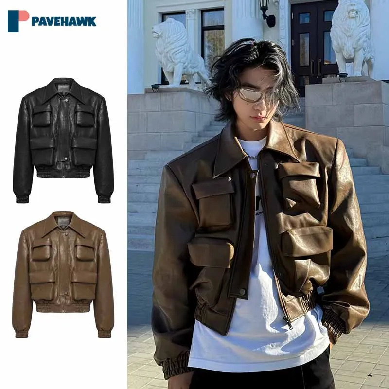 Hip hop bomber leather jacket mens street retro PU lapel motorcycle jacket spring casual short sleeved multi pocket cargo jacket240808