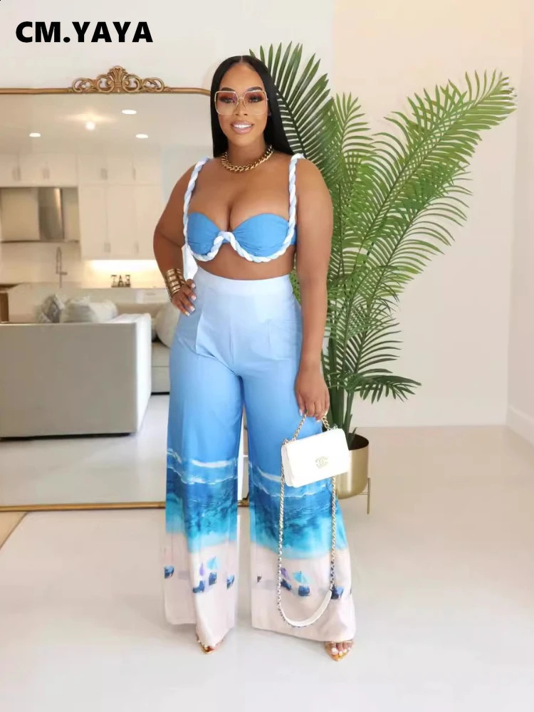 Cm.yaya Summer Womens Set plage imprimé sans manches sans bretelles Pantalons de jambe larges Street Street deux ensembles de 2 pièces Bohemian T