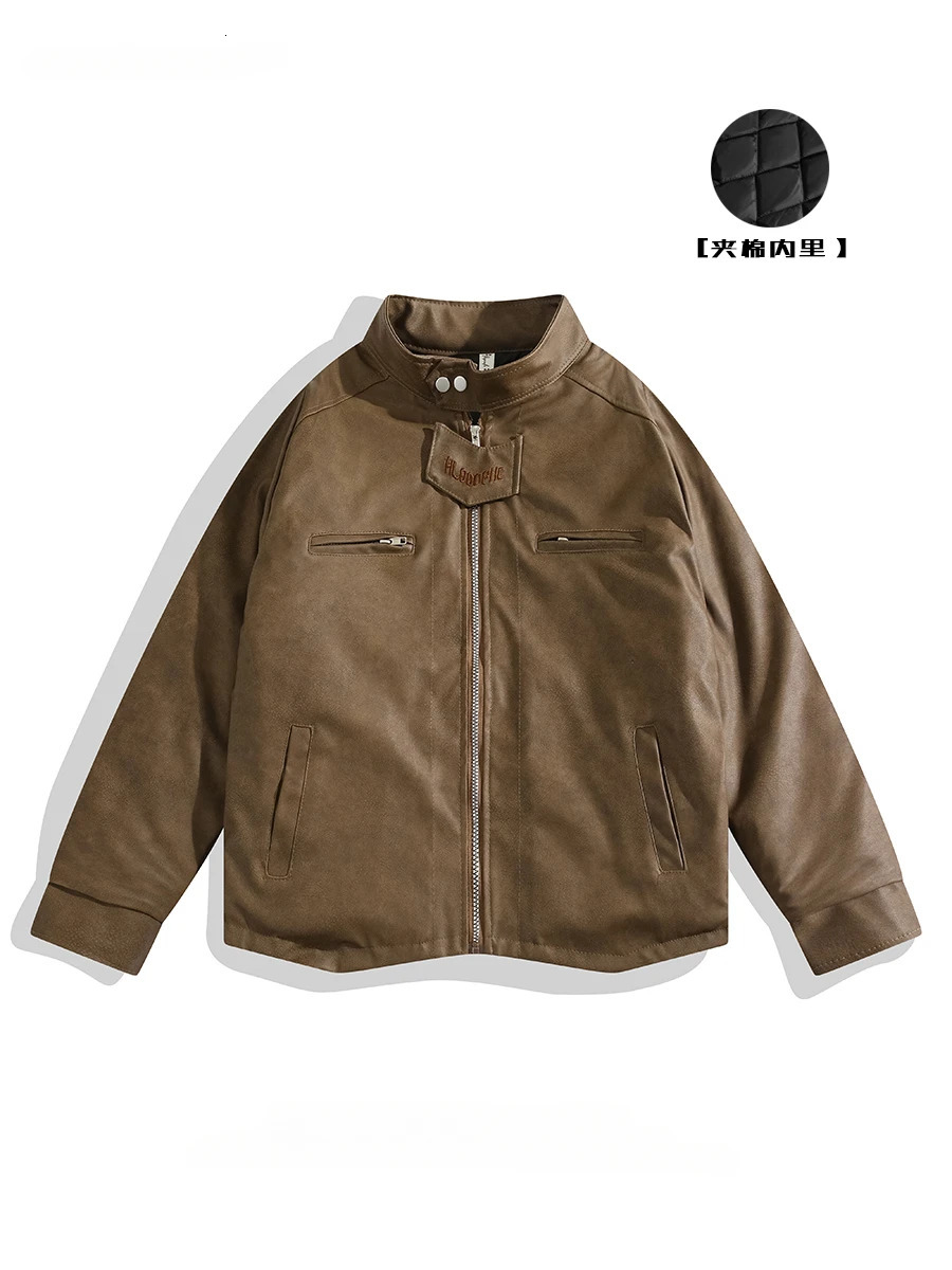 Mens stand up collar lightweight mature style quilted thick leather jacket autumn winter American personality handsome hip-hop jacket240808