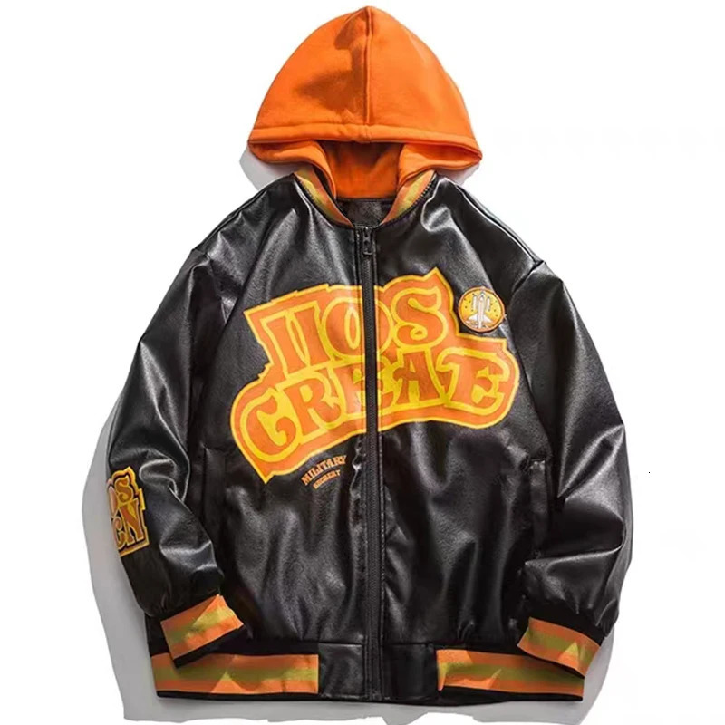 PU leather bomber jacket mens Y2K hip-hop streetwear loose oversized hooded jacket Harajuku jacket womens school jacket240808