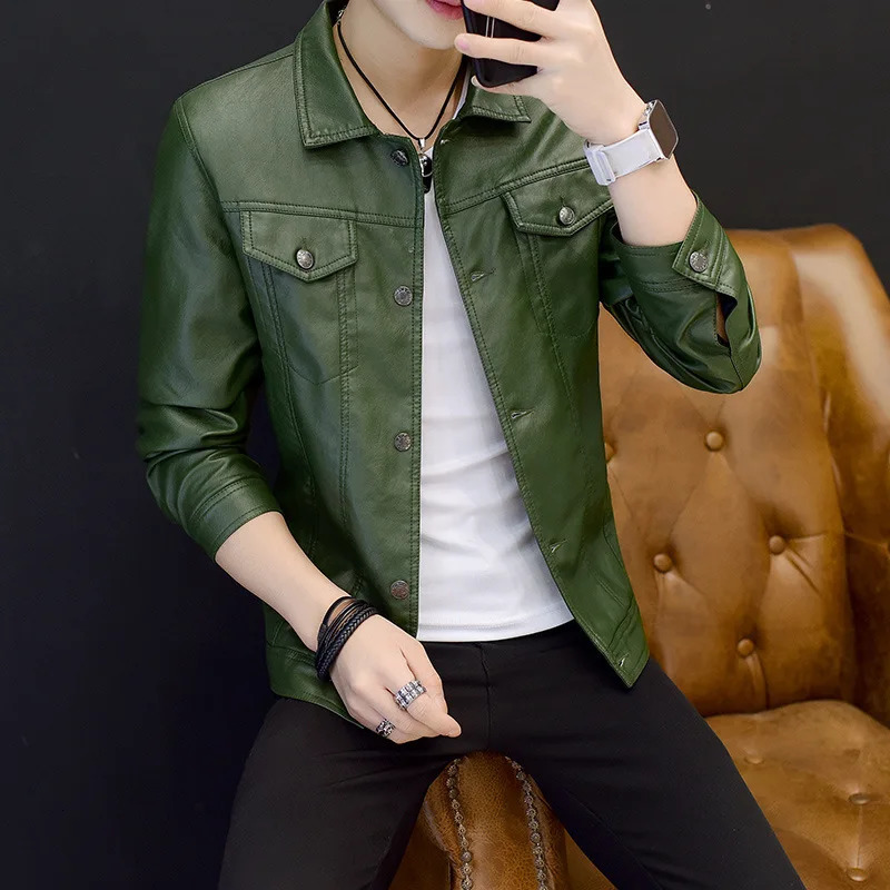 Mens Fashion Youth Collar Artificial Leather Jacket Korean Leisure Ultra Thin Motorcycle PU 240808