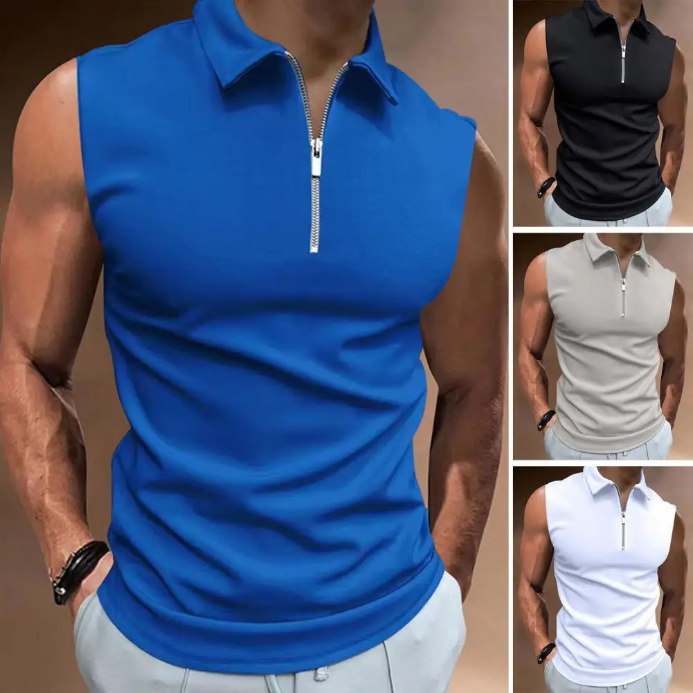 Mens summer vest sleeveless lapel solid color zipper necklace mens vest sleeveless mens vest mens clothing240808