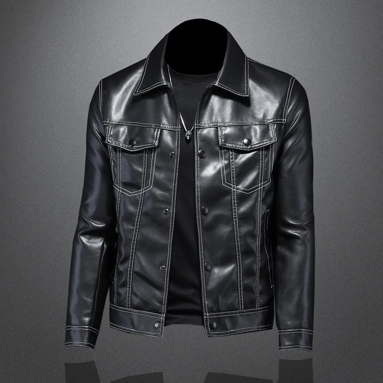 Mens collar motorcycle leather jacket slim fit mens leather jacket240808