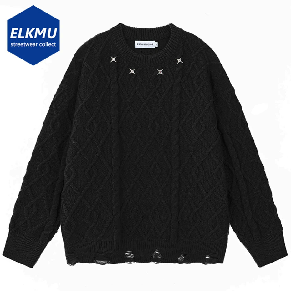 Mens fashion ripped sweater black knit drawstring jumper streetwear Harajuku oversized hip-hop sweater casual loose knit240808