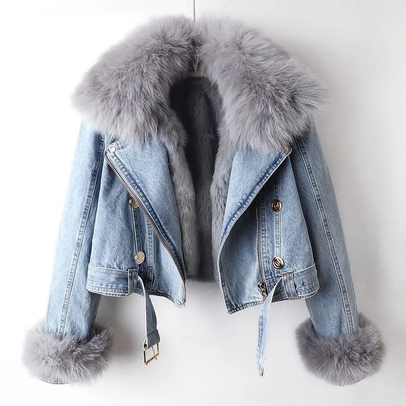 Winter Thickened Womens Jeans Jacket Fox Fur Collar Removable Casual Denim Jacket Coat Blue Women Clothing Short Racer Jacket 240809