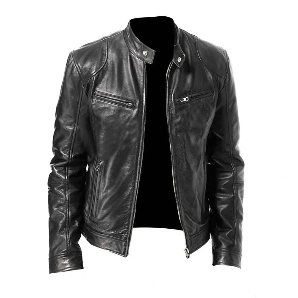 Mens motorcycle jacket windproof stand up collar zipper pocket smooth plus size medium length motorcycle leather jacket240808