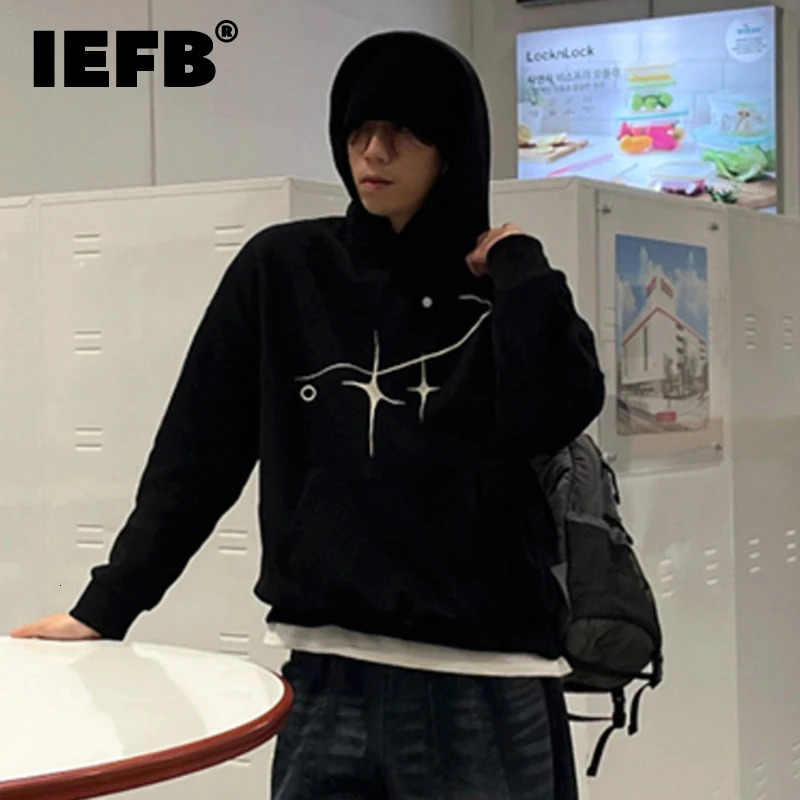 IEFB Korean style mens hoodie printed casual large pocket zipper loose sportswear autumn trend 2024 9C6907 240808