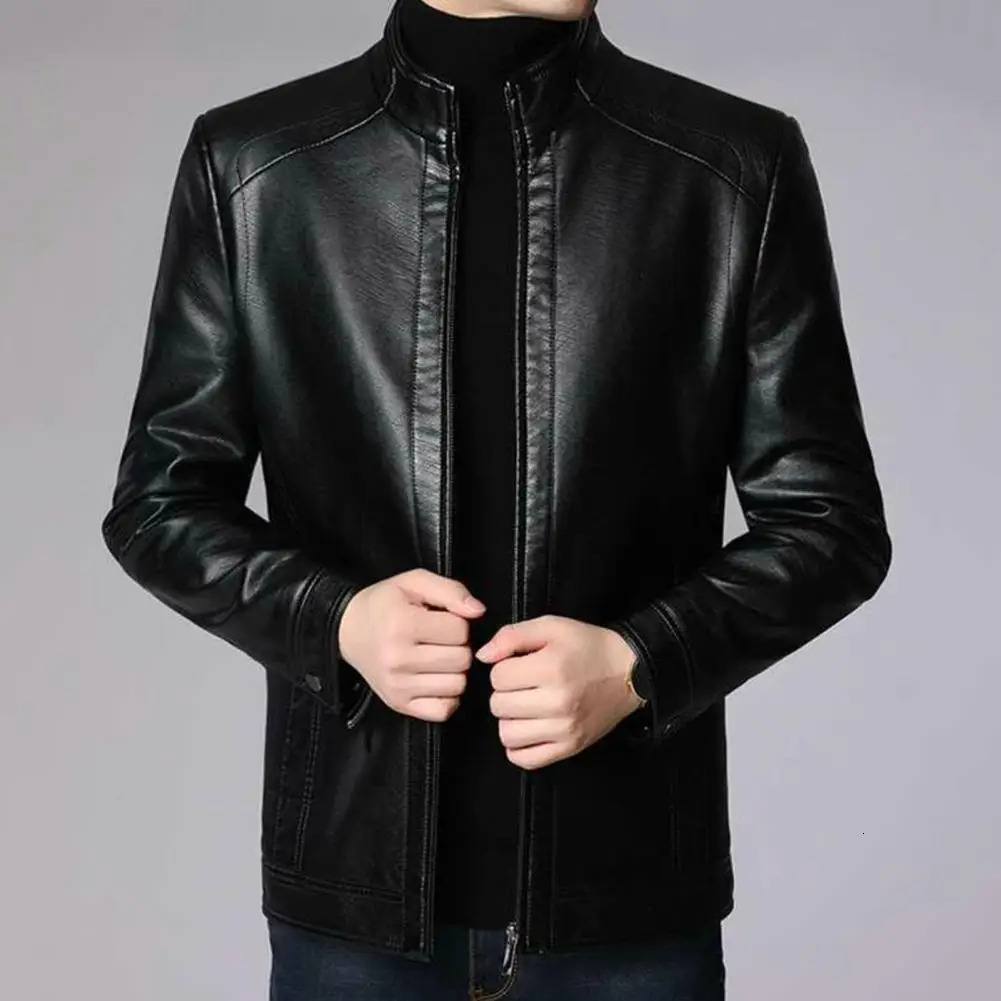 Mens jacket solid color artificial leather stand collar thick long sleeved zipper neck protection autumn and winter mens 240808