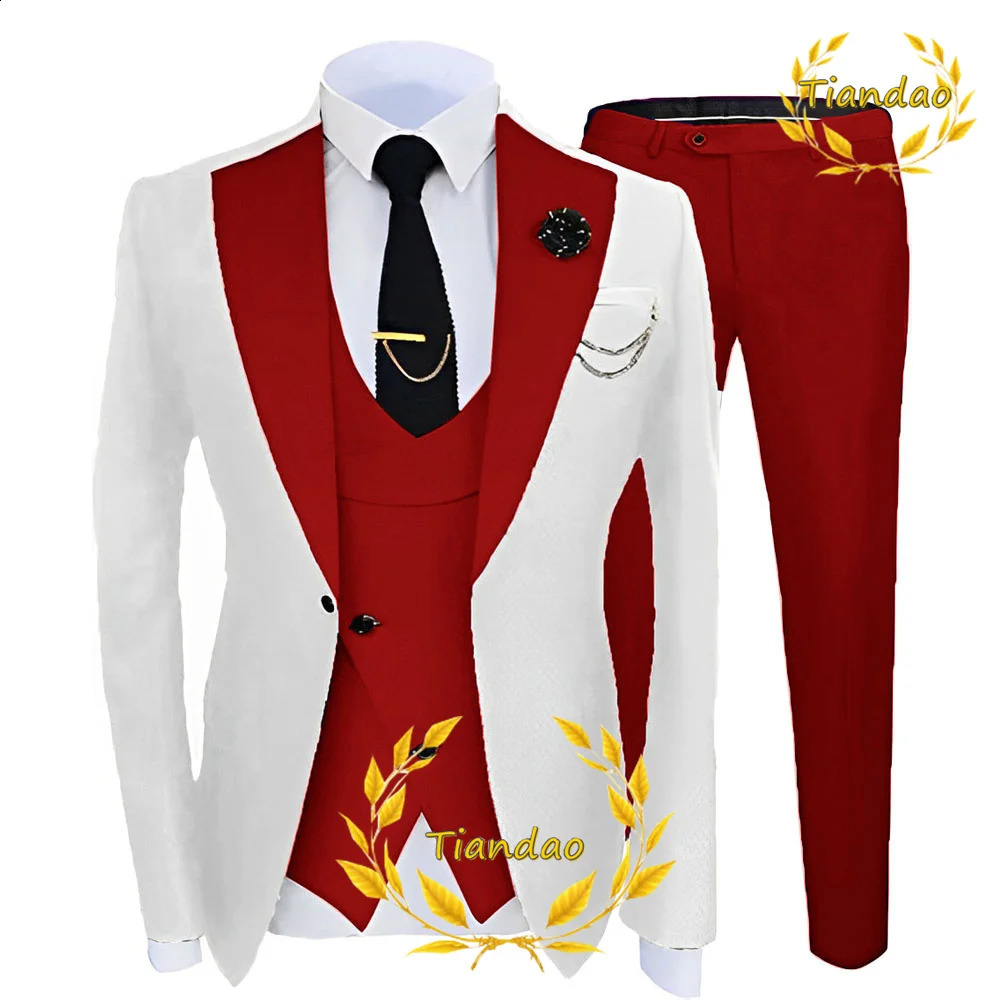 Mens wedding dress and evening gown 3piece set white jacket pants vest grooms formal fashionable 240809