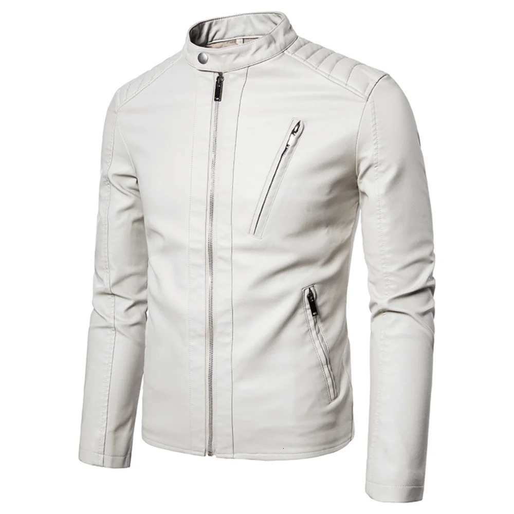 Casual mens motorcycle leather jacket fashionable solid collar jacket trend black and white windproof jacket street clothing jacket240808
