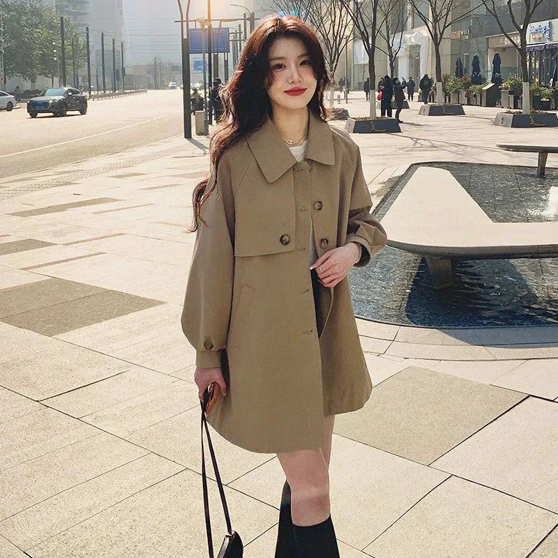 Trench Women Classic Khaki Casual Loose Coats Korean Fashion Elegant Mid-Length Windbreake Autumn Winter Ladies Solid Jacket 240809