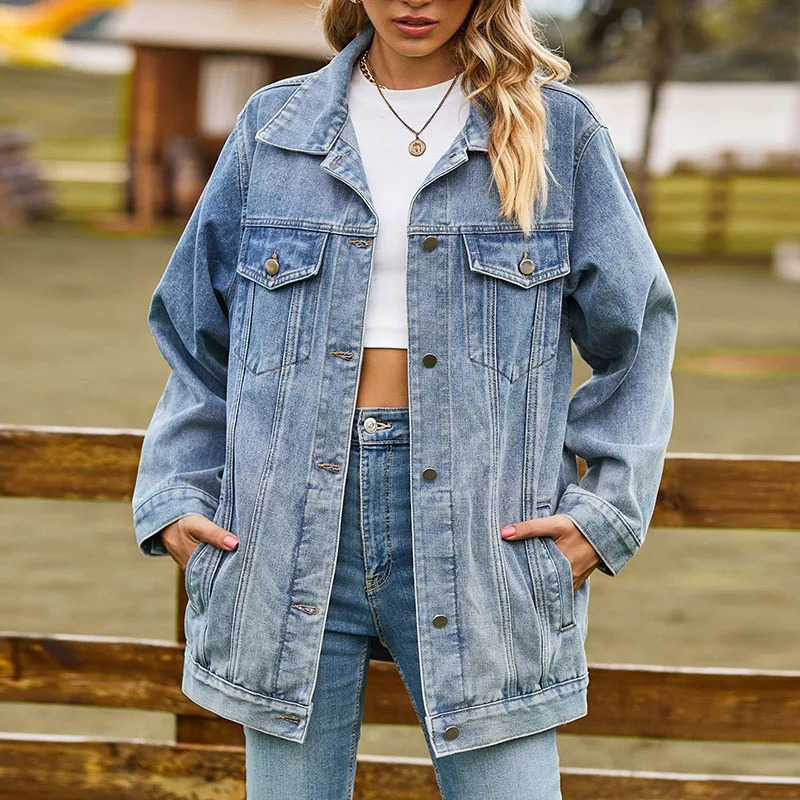 Solid Color Casual Loose Jeans Jackets For Women Winter Vintage Womens Long Sleeve Oversize Denim Jacket Female Coats 240809