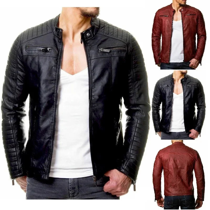 Mens plus size spring and autumn European and American leather jacket stand up collar zipper jacket S-5XL240808