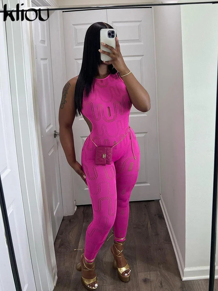 kliou Summer Women Jumpsuit Sexy Hollow Out Half Backless Body-shaping One Piece Clothing Solid Sleeveless Workout Gym Overall 240809