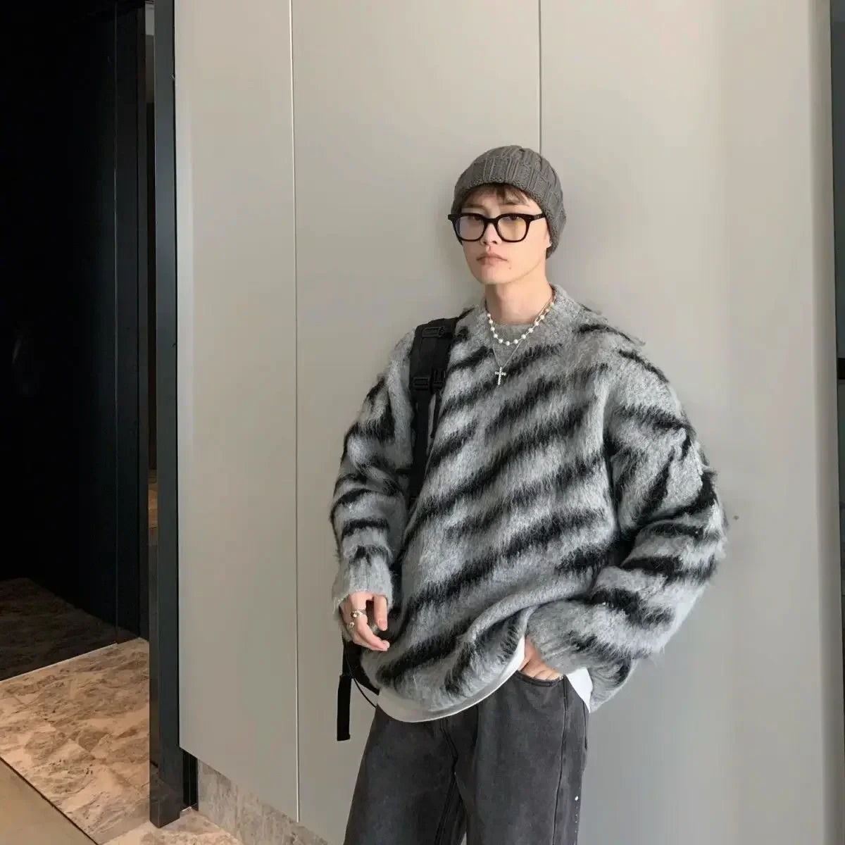 Mens Jacket Knitted Sweater Mens Zebra Printed Zipper No Hoodie Korean Autumn Fashion 2024 X Top Loose Fit240808