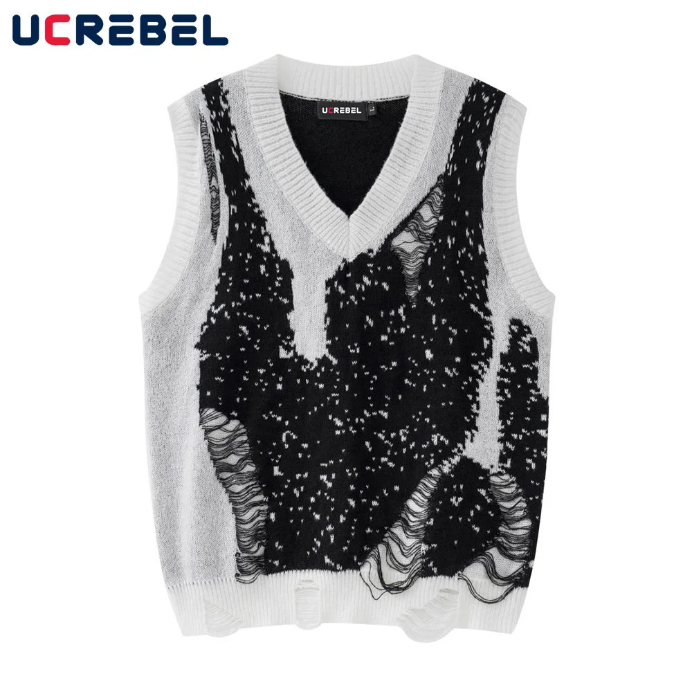 Ripple hole sleeveless vest mens high street jacquard casual tank top autumn V-neck loose pull flower mens knitted sweater240808