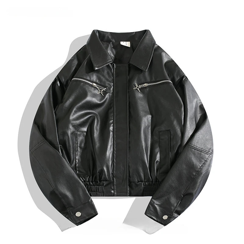 Mens Motorcycle Racing PU Leather Jacket Autumn/Winter Hong Kong Style High Street Long Sleeve Loose Hip Hop Short Zipper Coat240808