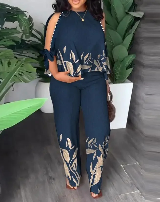 Ensembles de deux pièces Femmes Outifit Plantes de mode d'été imprimer une manche divisée O-cou top pantalon de jambe droite décontractée Set Str