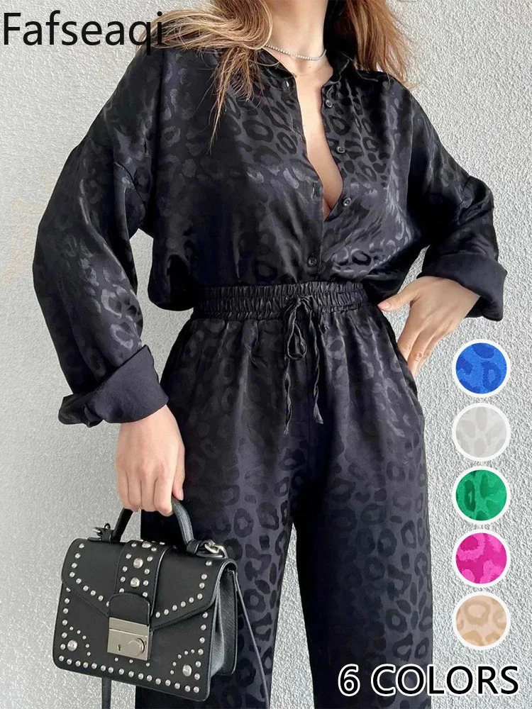 Satin Wide Leg Womens Trouser Set 2024 Spring Office Leopard Print Two Piece Tracksuit Pajama 240808