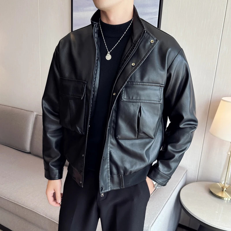 Autumn and Winter Mens Leather Jacket with 3D Pocket Solid Motorcycle Bomber Coat240808