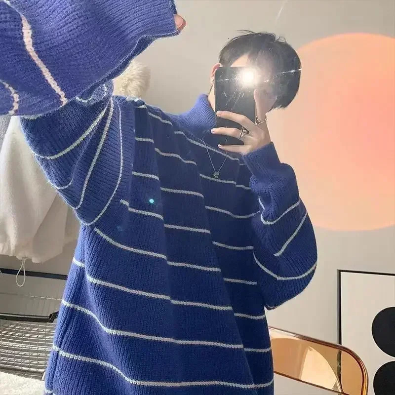 Knitted sweater mens zipper mens clothing blue turtle neck high neck striped loose fit long sleeved 100% street elegant X240808