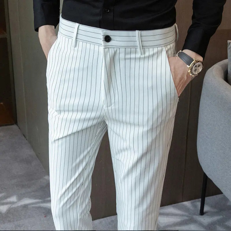 Korean fashion summer mens ice silk striped pocket zipper set pants smart casual trend slim straight ankle pants240808