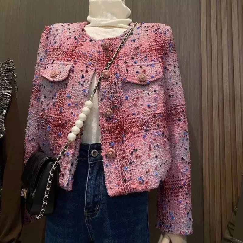 Tweed Temperament Small Fragrance Coat Female Autumn Korean Chic Long Sleeve Tops Temperament Woven Elegant Women Jackets 240809