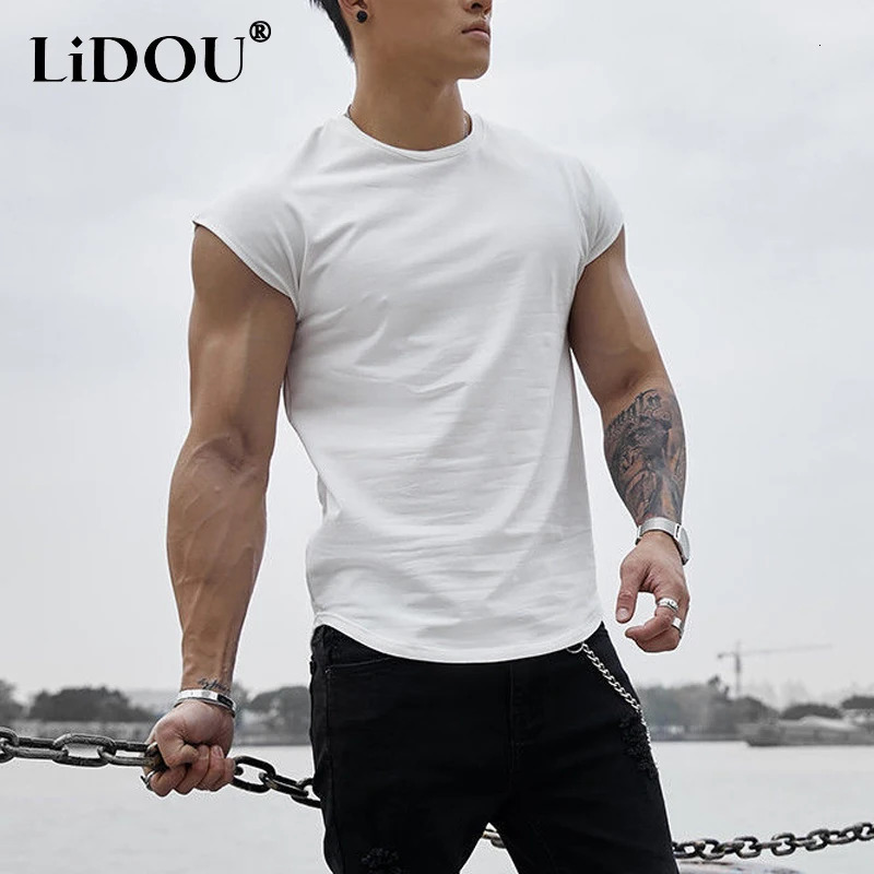 Fashionable loose sleeveless mens summer item solid color pure cotton round neck vest sports and fitness fast drying top240808