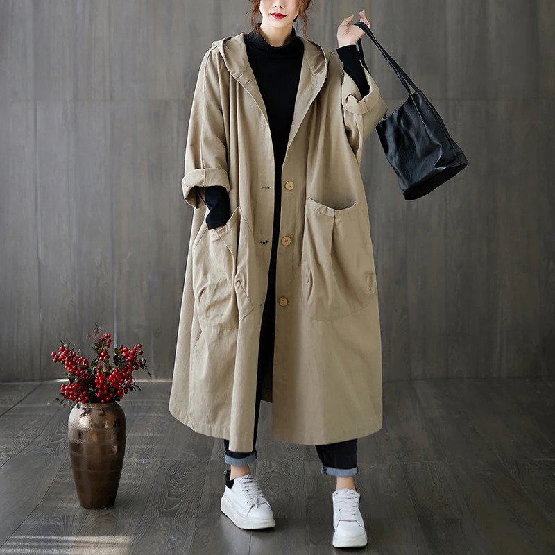Femme Long manteau mode coréenne coupe-vent grande taille dames Trench automne à capuche poches lâches Cardigan femmes Long manteau 240809