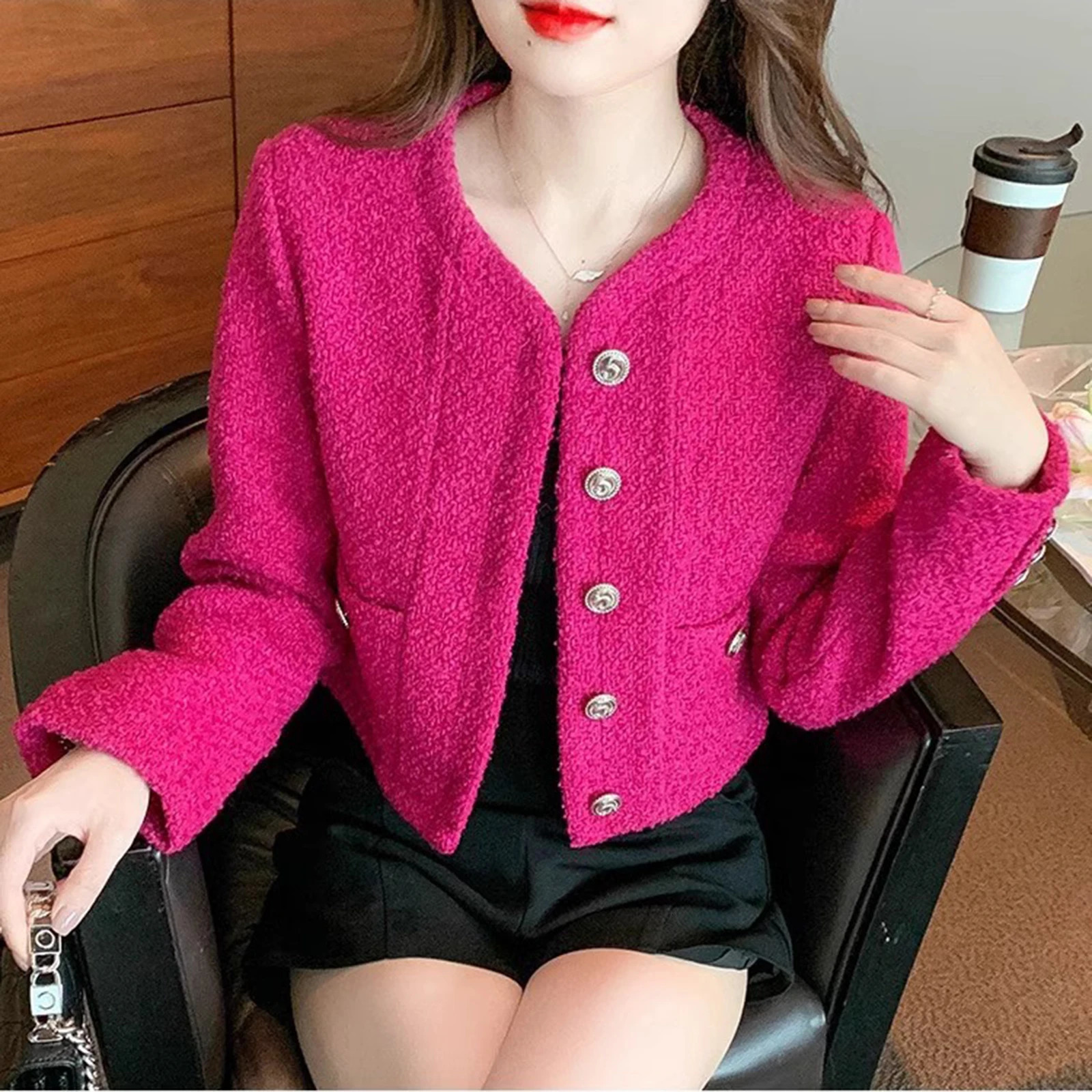High Quality Small Fragrant Tweed Blazer Jacket for Women Pink Short O-neck Casual Coats Spring Autumn Elegant Trendy 240809