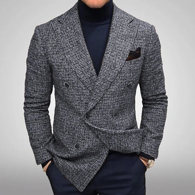 Autumn and Winter Elegant Mens Jacket Knitted Slim Fashion Edition Casual Plaid Long Sleeve Set Coat 2023 240808