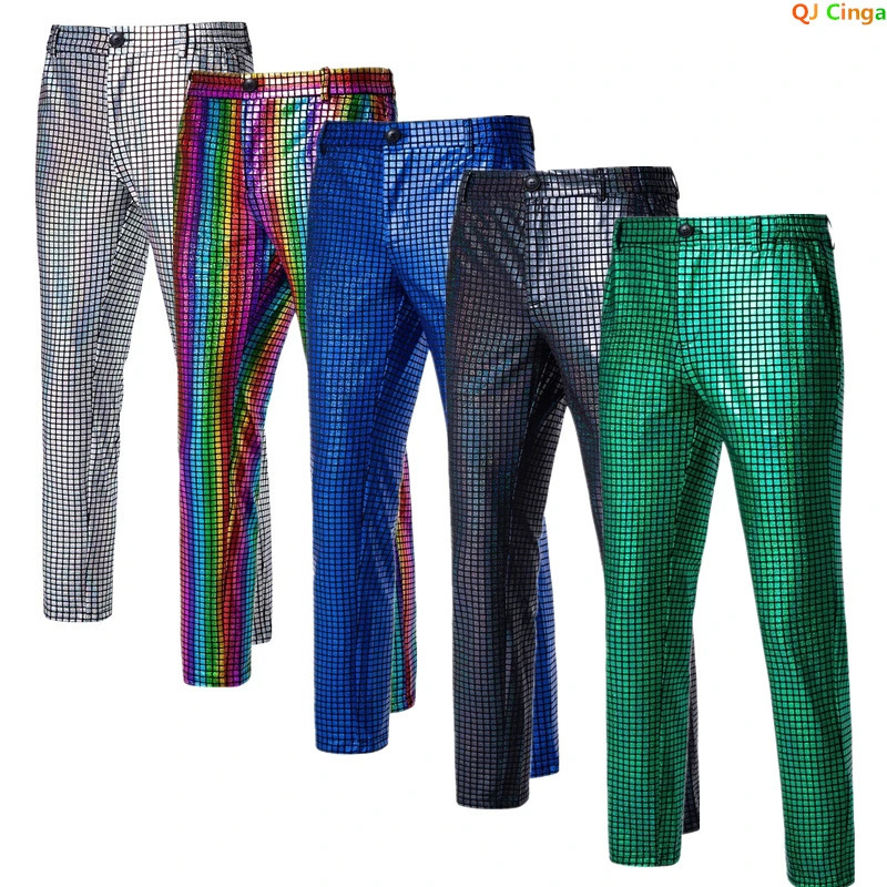 2024 Spring Bright Green Flat Pants Mens Fashion Trouser Black Blue Silver Pantalones Hombre240808