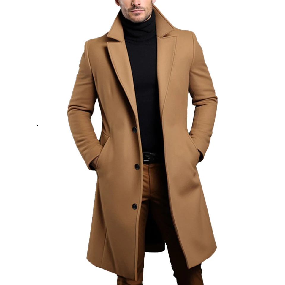 Atutuumn Winter Long Warm Wool Mens Trench Coat Solid Color Single breasted y Blended 240827