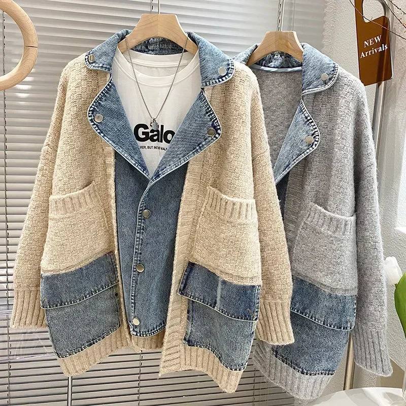 Automne Winter Femmes épisser la veste en jean Femmes à manches longues Vestes en jean mode Femelle Pull en veste cardigan 240809